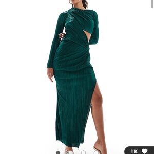 ASOS DESIGN plisse drape cut out detail midi dress in bottle green